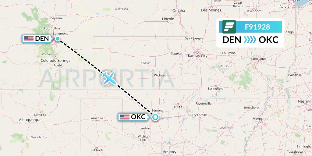 F91928 Frontier Airlines Flight Map: Denver to Oklahoma City