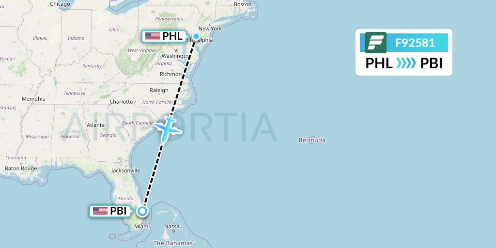 F92581 Frontier Airlines Flight Map: Philadelphia to West Palm Beach