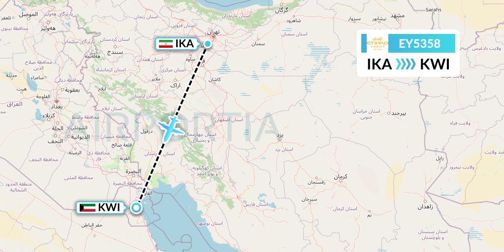 EY5358 Etihad Airways Flight Map: Tehran to Kuwait City