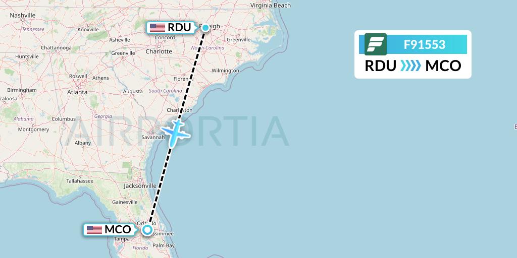 F91553 Frontier Airlines Flight Map: Raleigh-Durham to Orlando