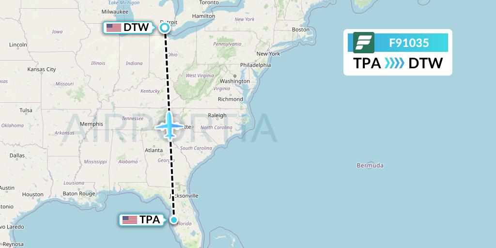 F91035 Frontier Airlines Flight Map: Tampa to Detroit