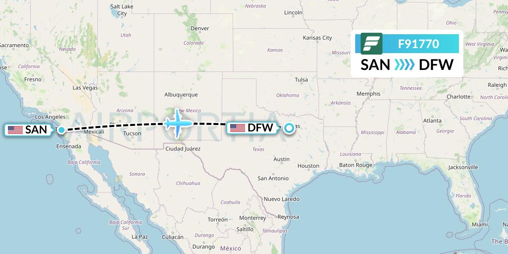 F91770 Frontier Airlines Flight Map: San Diego to Dallas