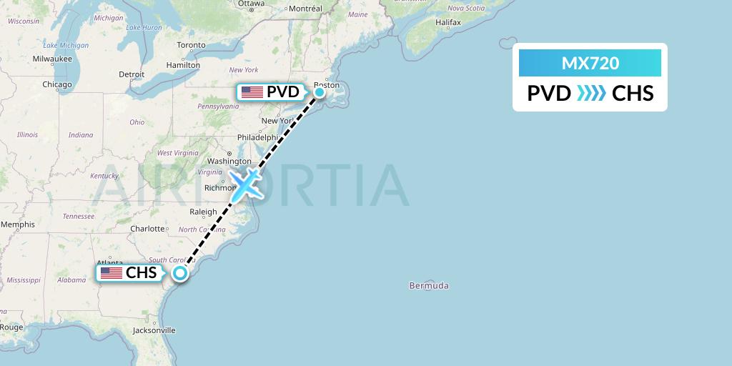 MX720 Breeze Airways Flight Map: Providence to Charleston