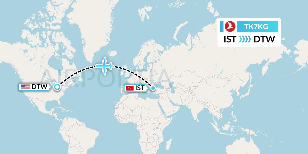 TK7KG Turkish Airlines Flight Map: Istanbul to Detroit