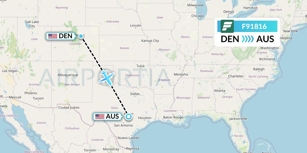 F91816 Frontier Airlines Flight Map: Denver to Austin