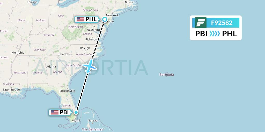 F92582 Frontier Airlines Flight Map: West Palm Beach to Philadelphia
