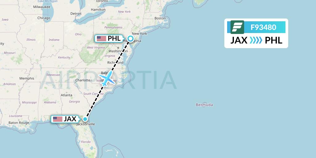 F93480 Frontier Airlines Flight Map: Jacksonville to Philadelphia
