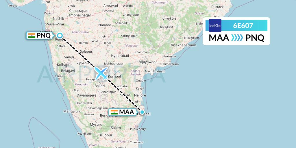 6E607 IndiGo Airlines Flight Map: Chennai to Pune