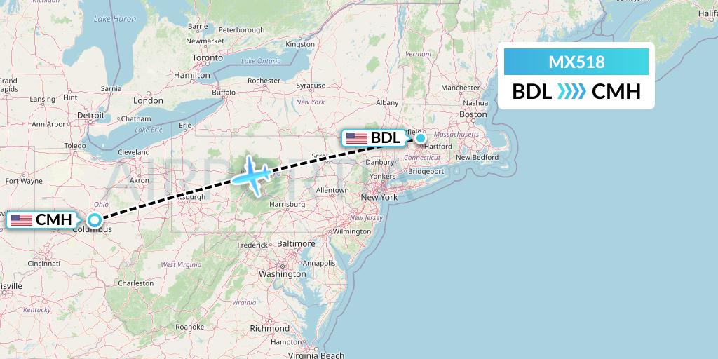 MX518 Breeze Airways Flight Map: Windsor Locks to Columbus