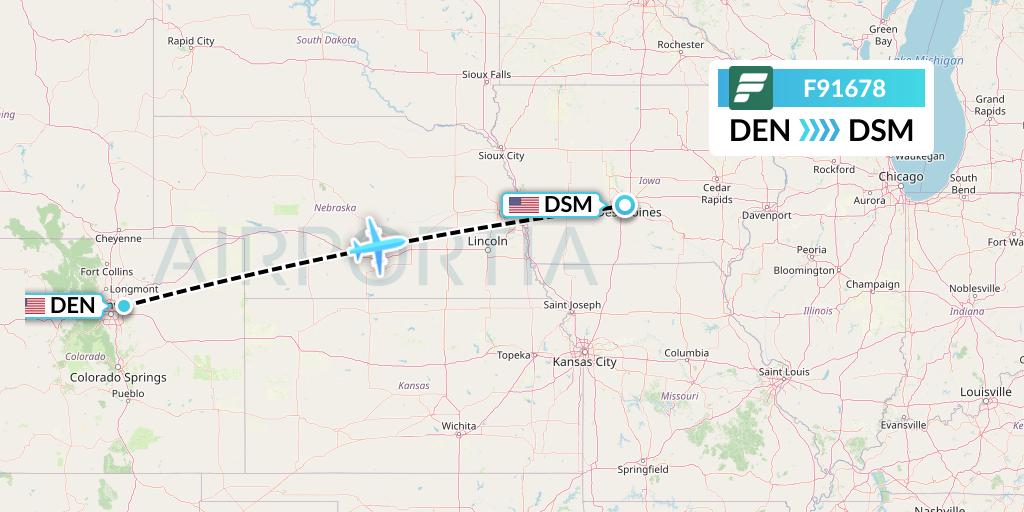 F91678 Frontier Airlines Flight Map: Denver to Des Moines