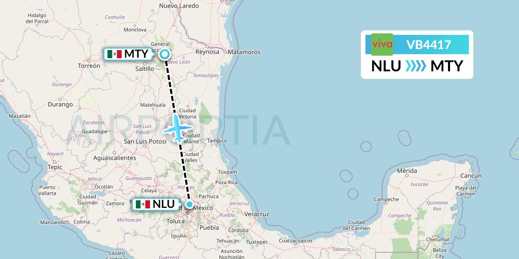 VB4417 VivaAerobus Flight Map: Reyes Acozac to Monterrey