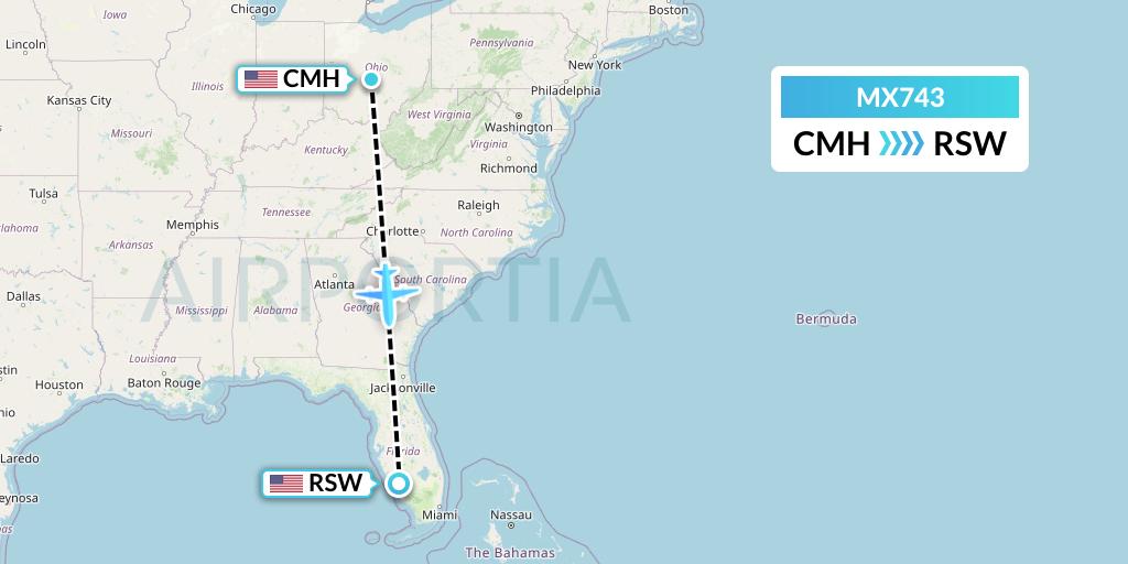 MX743 Breeze Airways Flight Map: Columbus to Fort Myers