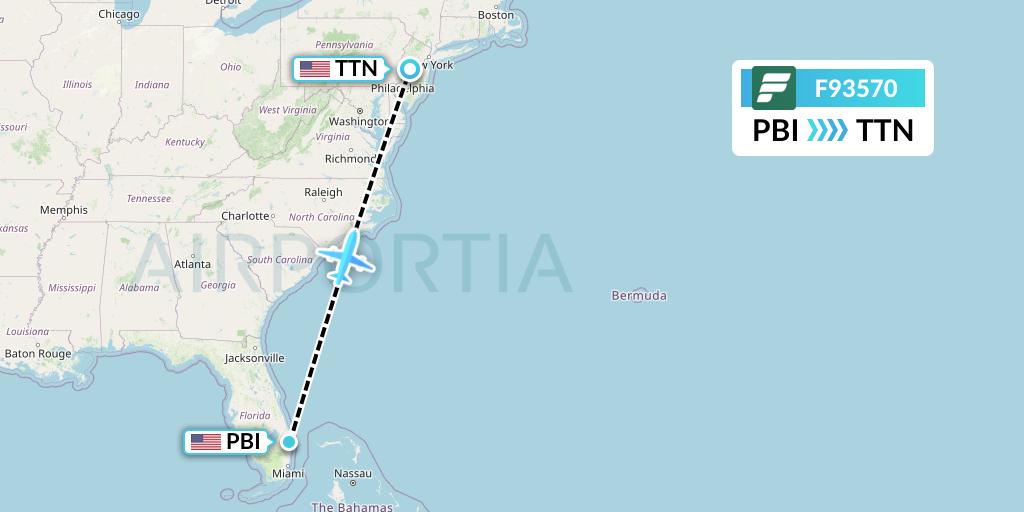 F93570 Frontier Airlines Flight Map: West Palm Beach to Trenton
