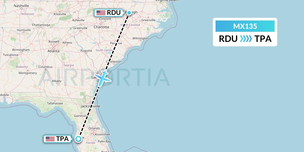 MX135 Breeze Airways Flight Map: Raleigh-Durham to Tampa
