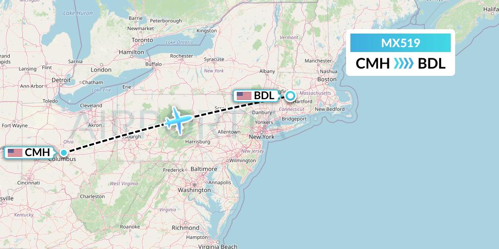 MX519 Breeze Airways Flight Map: Columbus to Windsor Locks