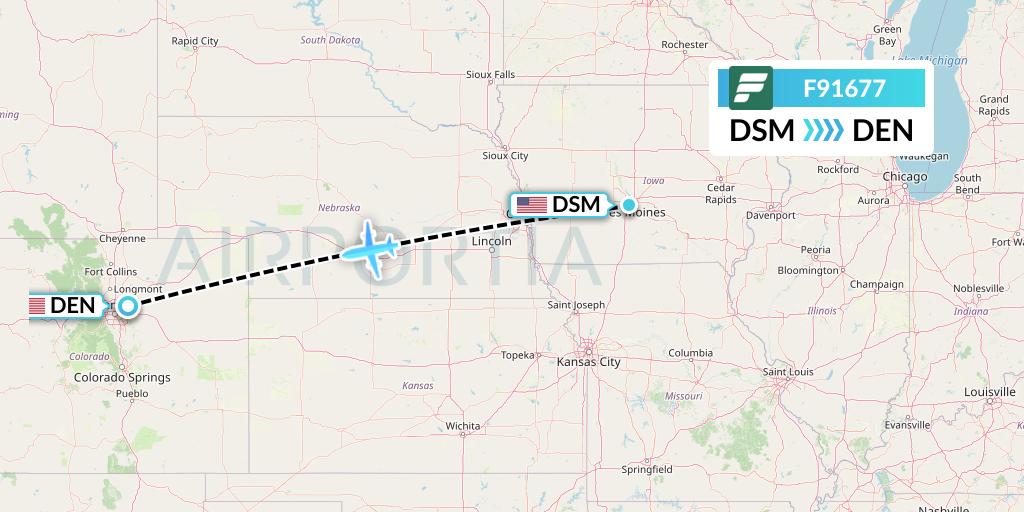 F91677 Frontier Airlines Flight Map: Des Moines to Denver