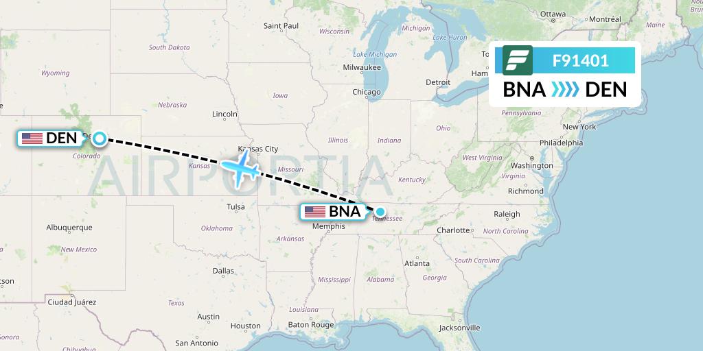 F91401 Frontier Airlines Flight Map: Nashville to Denver