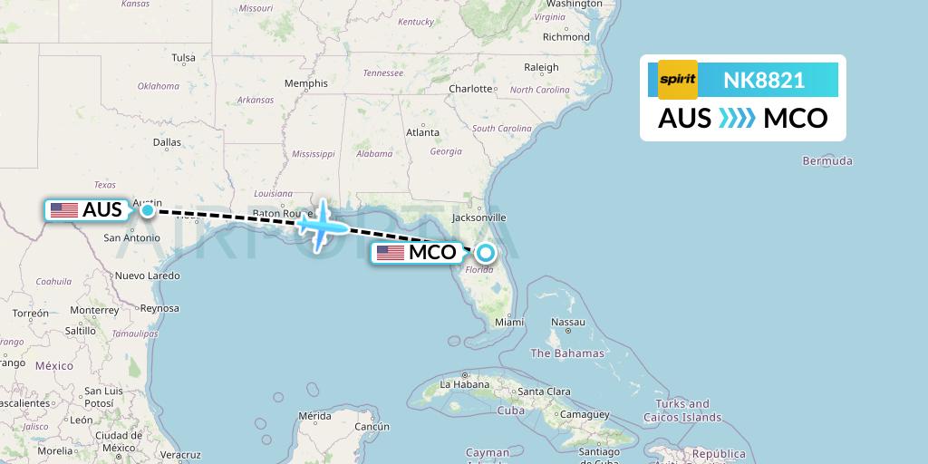 NK8821 Spirit Airlines Flight Map: Austin to Orlando