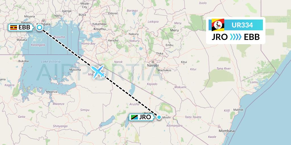 UR334 Uganda Airlines Flight Map: Kilimanjaro to Entebbe