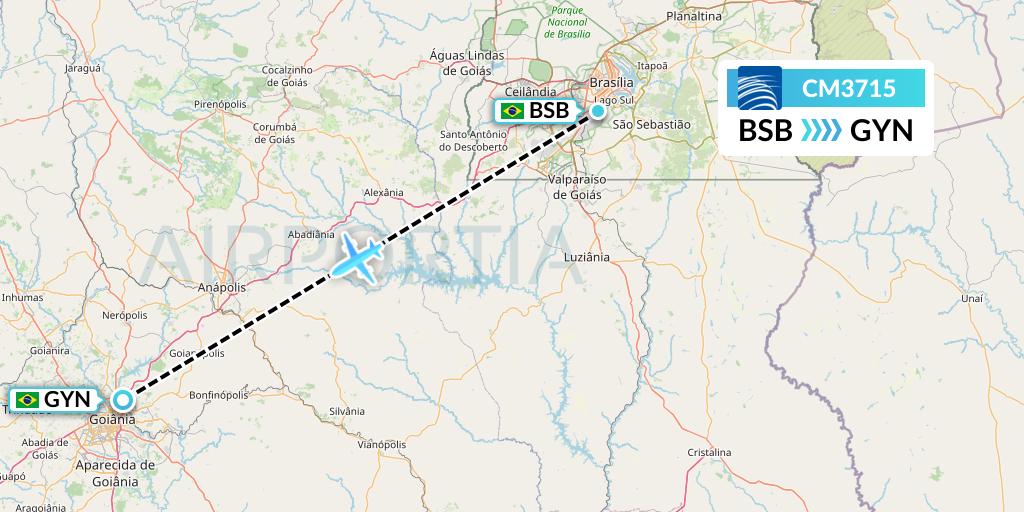 CM3715 Copa Airlines Flight Map: Brasilia to Goiania