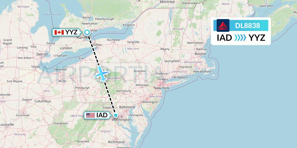 DL8838 Delta Air Lines Flight Map: Washington to Toronto