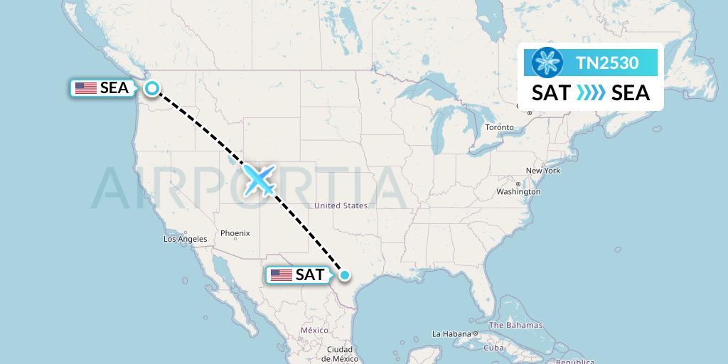 TN2530 Air Tahiti Nui Flight Map: San Antonio to Seattle
