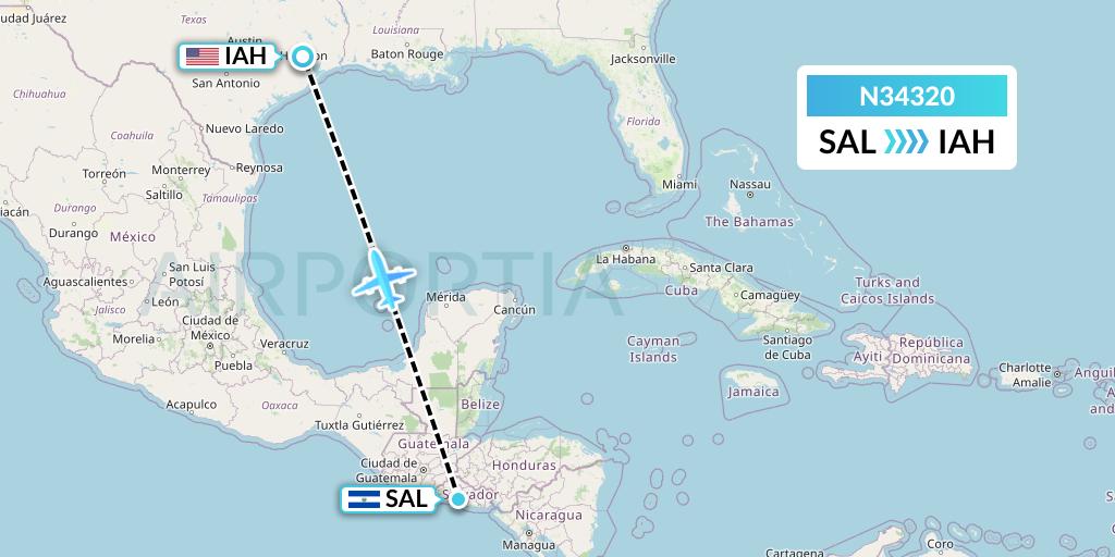 N34320 Vuela El Salvador Flight Map: San Salvador to Houston