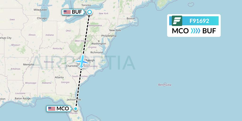 F91692 Frontier Airlines Flight Map: Orlando to Buffalo