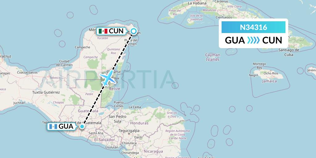 N34316 Vuela El Salvador Flight Map: Guatemala City to Cancun