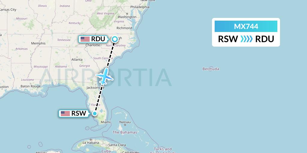 MX744 Breeze Airways Flight Map: Fort Myers to Raleigh-Durham