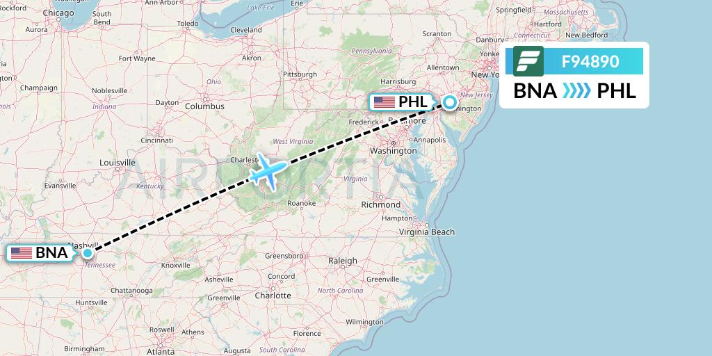 F94890 Frontier Airlines Flight Map: Nashville to Philadelphia