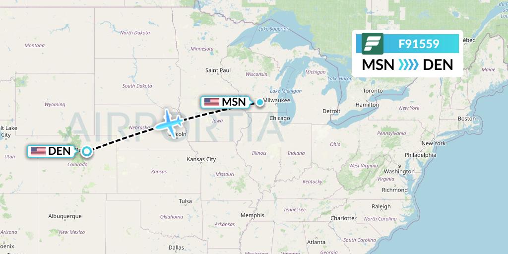 F91559 Frontier Airlines Flight Map: Madison to Denver