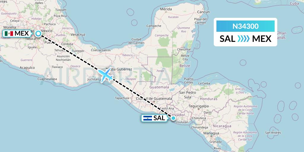 N34300 Vuela El Salvador Flight Map: San Salvador to Mexico City