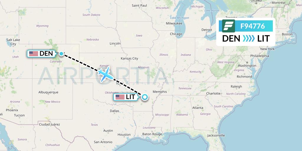 F94776 Frontier Airlines Flight Map: Denver to Little Rock