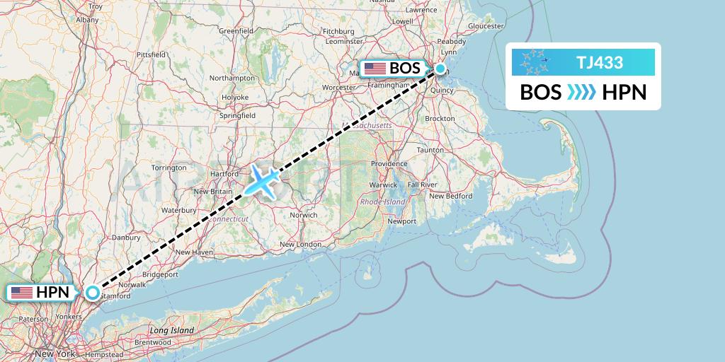 TJ433 Tradewind Aviation Flight Map: Boston to White Plains