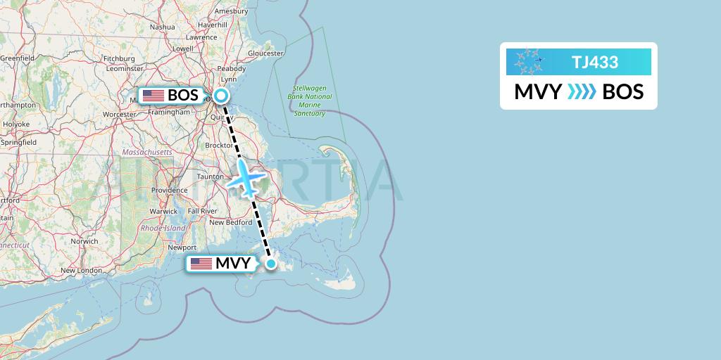 TJ433 Tradewind Aviation Flight Map: Martha's Vineyard to Boston