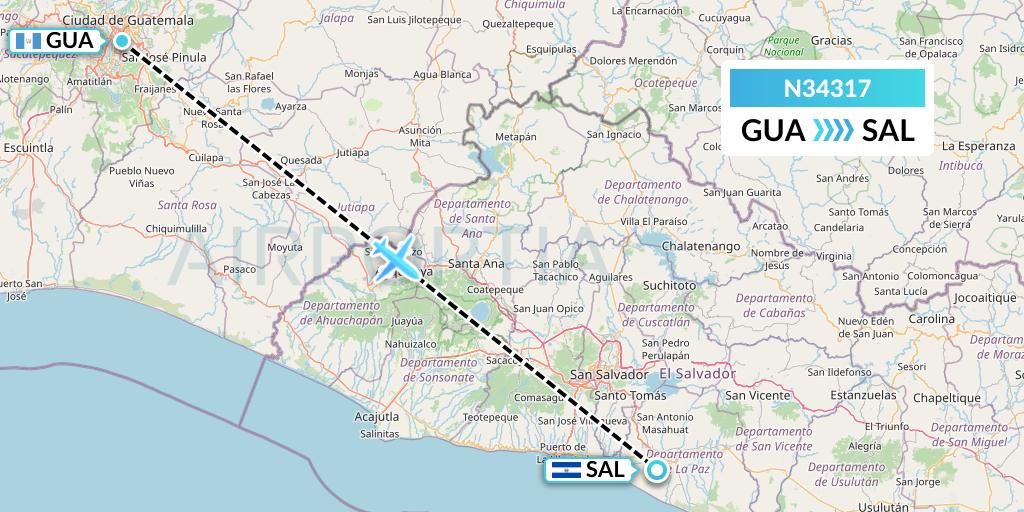 N34317 Vuela El Salvador Flight Map: Guatemala City to San Salvador