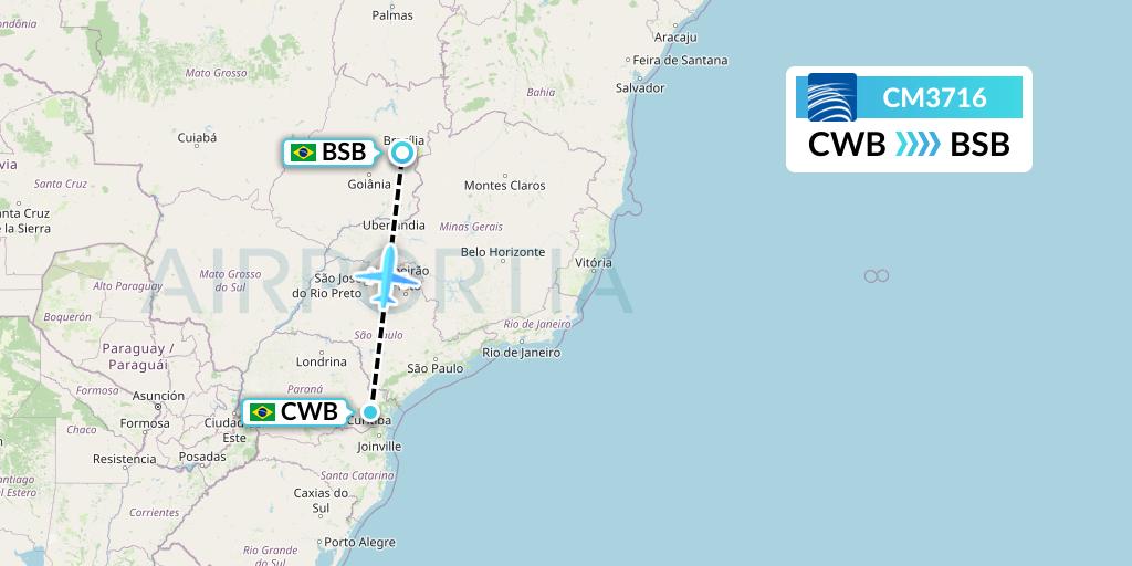 CM3716 Copa Airlines Flight Map: Curitiba to Brasilia