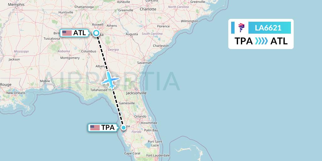 LA6621 LAN Airlines Flight Map: Tampa to Atlanta