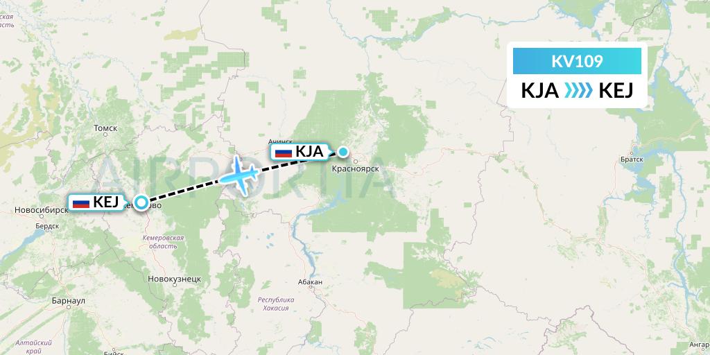 KV109 KrasAvia Flight Map: Krasnoyarsk to Kemerovo