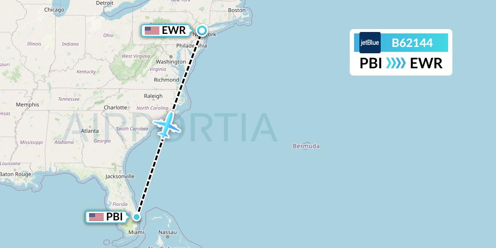 B62144 JetBlue Airways Flight Map: West Palm Beach to New York
