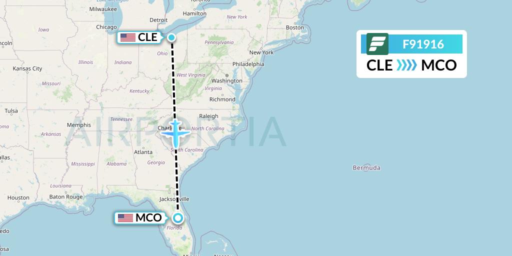 F91916 Frontier Airlines Flight Map: Cleveland to Orlando