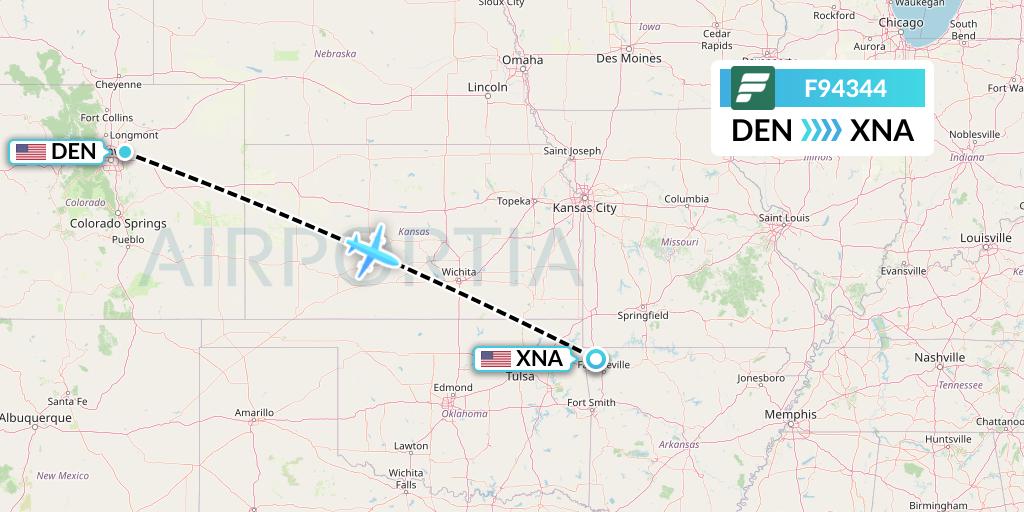 F94344 Frontier Airlines Flight Map: Denver to Bentonville