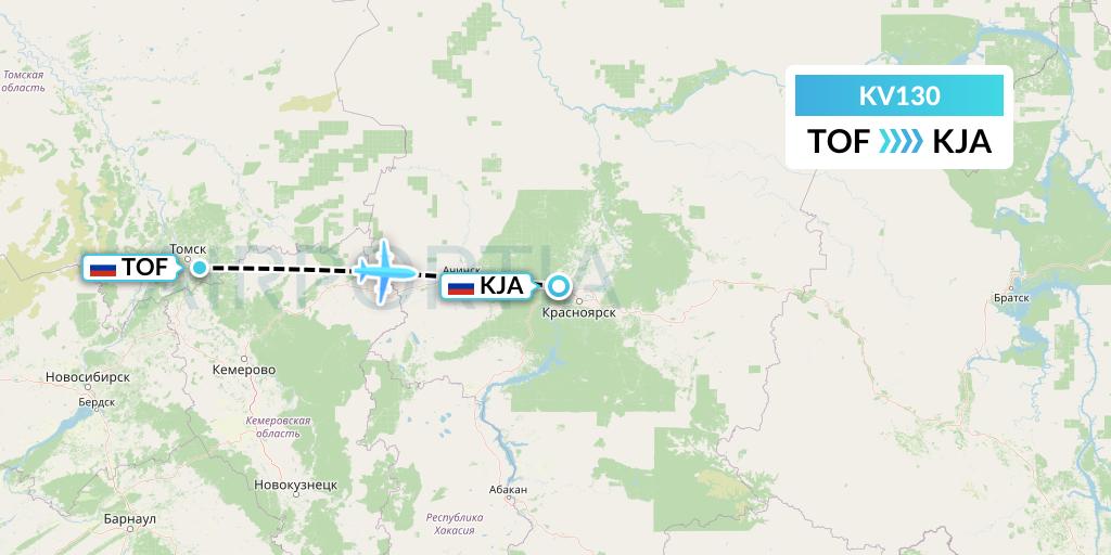 KV130 KrasAvia Flight Map: Tomsk to Krasnoyarsk