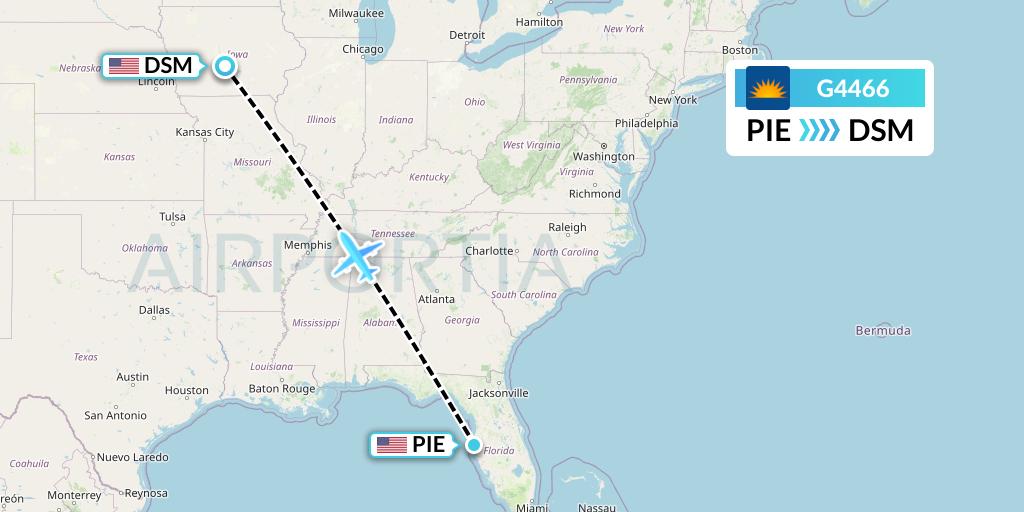 G4466 Allegiant Air Flight Map: St. Petersburg to Des Moines