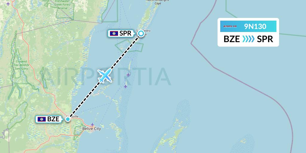 9N130 Tropic Air Flight Map: Belize City to San Pedro