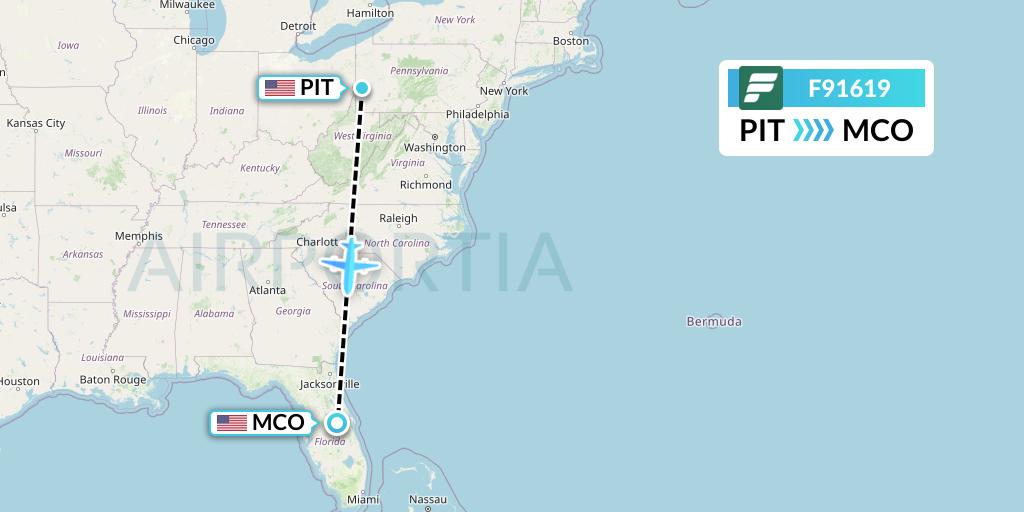 F91619 Frontier Airlines Flight Map: Pittsburgh to Orlando