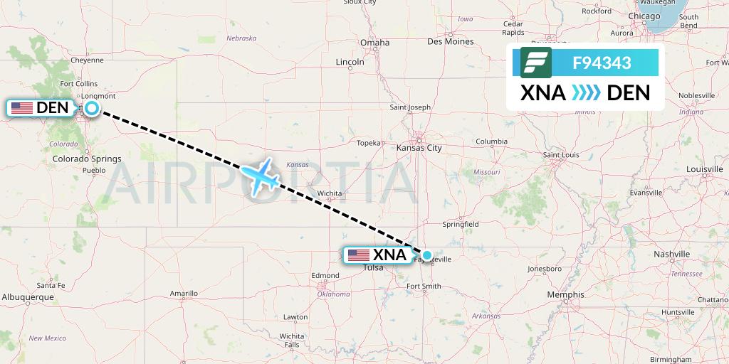 F94343 Frontier Airlines Flight Map: Bentonville to Denver