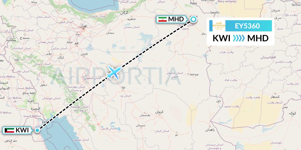 EY5360 Etihad Airways Flight Map: Kuwait City to Mashhad