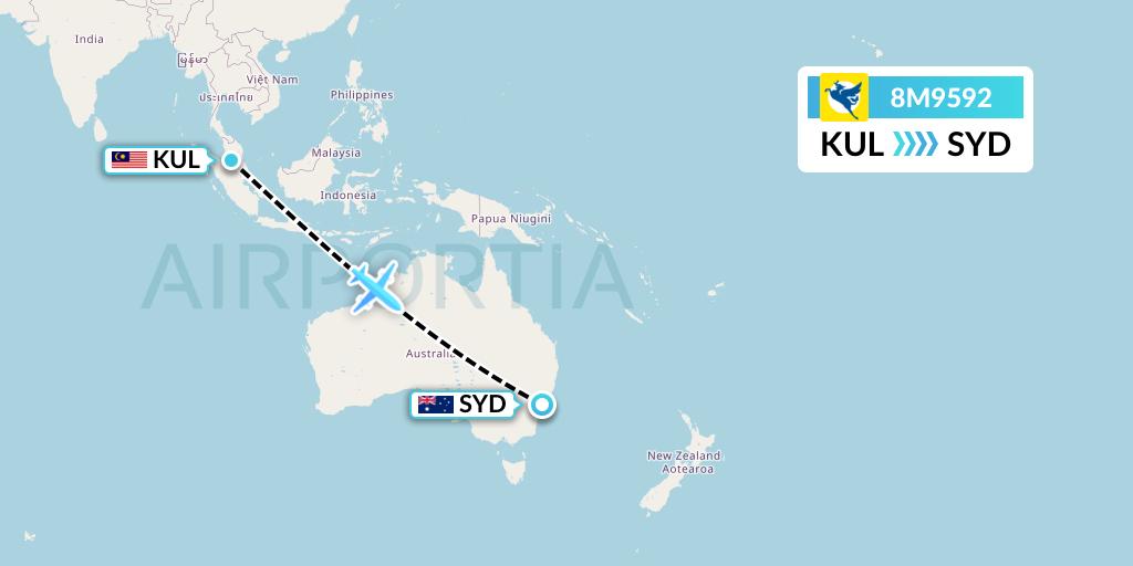 8M9592 Myanmar Airways International Flight Map: Kuala Lumpur to Sydney